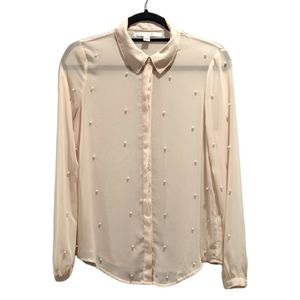 LC Lauren Conrad Sheer Pearl Button Up Blouse